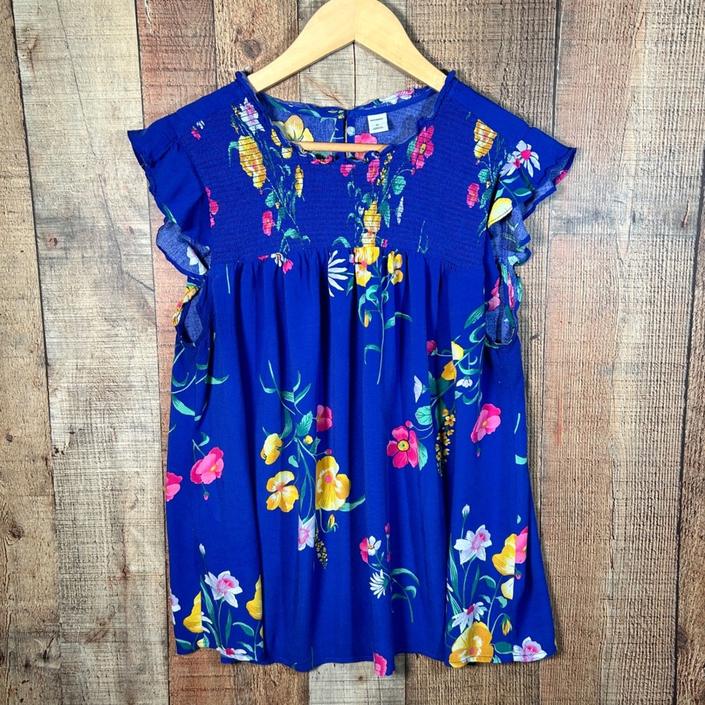 Old Navy Cobalt Blue Floral Short Sleeve Top Shirt Wildflower Print Large